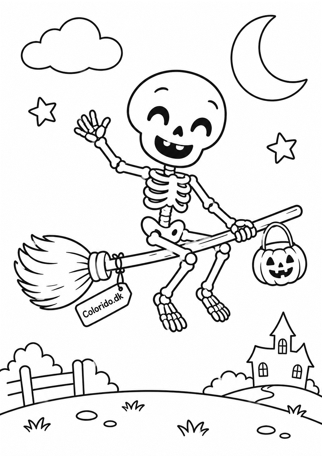 Glad skelet på kost med græskar – nem halloweentegning til print