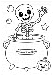 Glad skelet vinker fra gryden – sjov halloweentegning til print