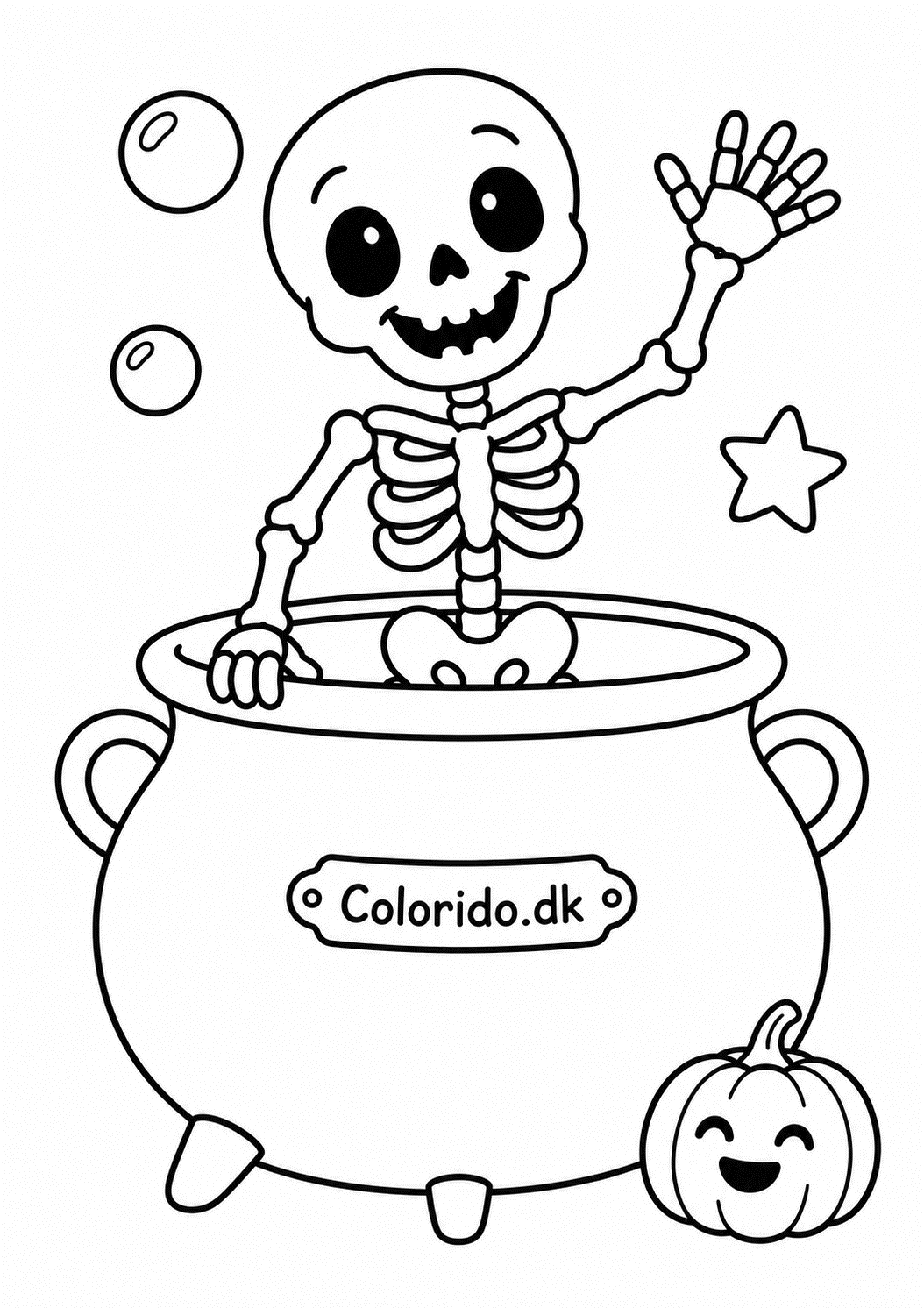 Glad skelet vinker fra gryden – sjov halloweentegning til print