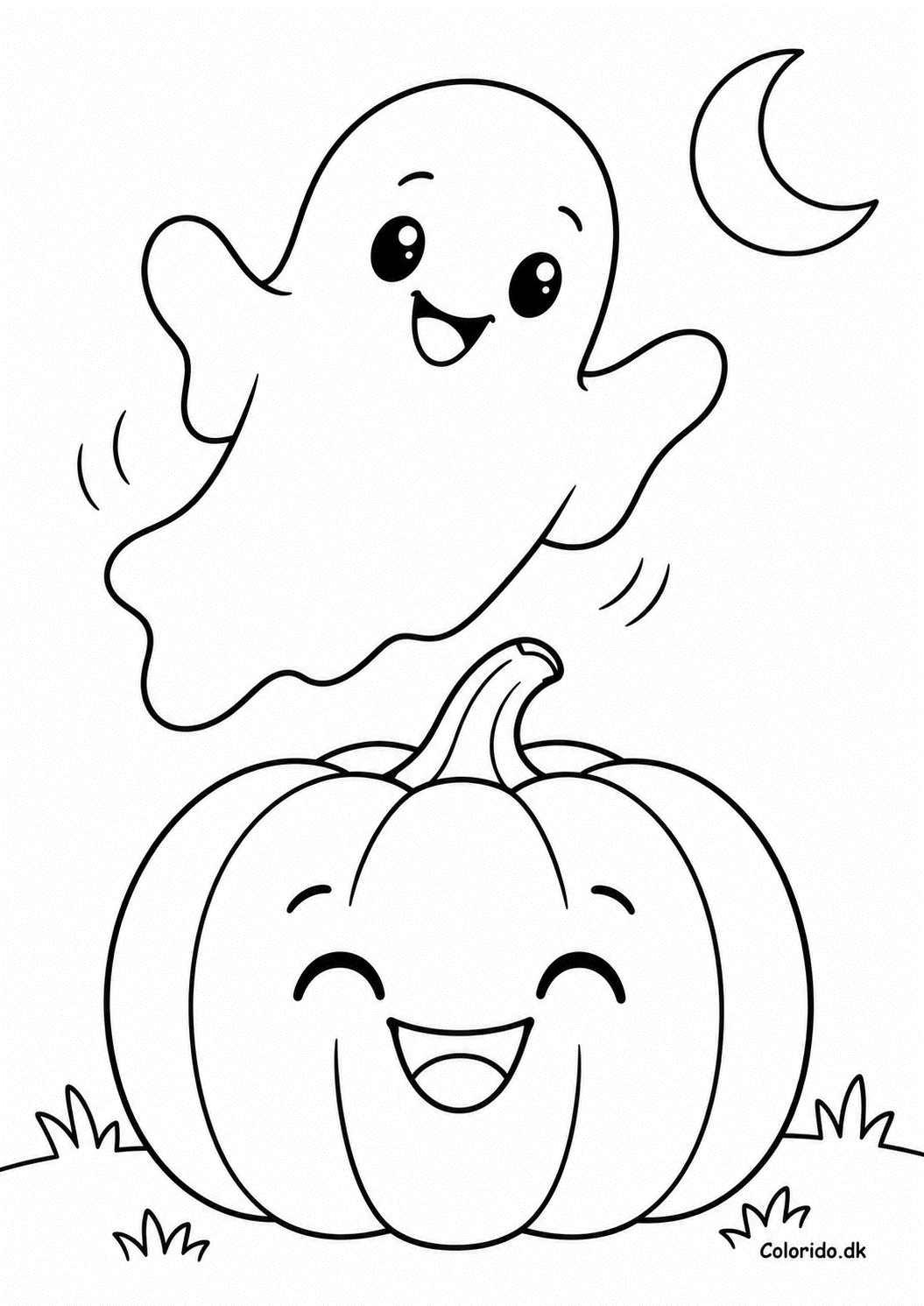 Glad spøgelse over venligt græskar – gratis halloweentegning til print