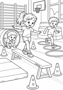 Gymnastik i skolens sal – gratis skoletegning til print