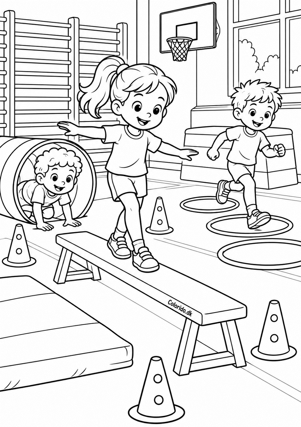Gymnastik i skolens sal – gratis skoletegning til print
