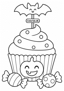 Halloween cupcake med flagermus – let tegning til farvelægning