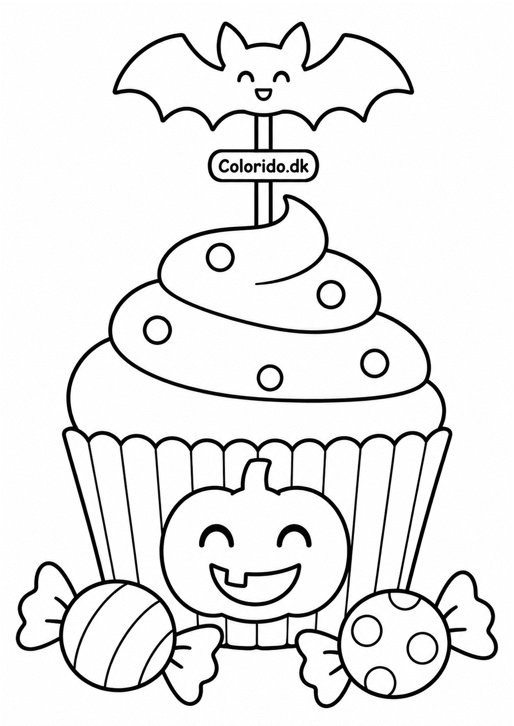 Halloween cupcake med flagermus – let tegning til farvelægning