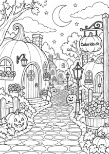 Halloween-græskarlandsby – detaljeret tegning til print