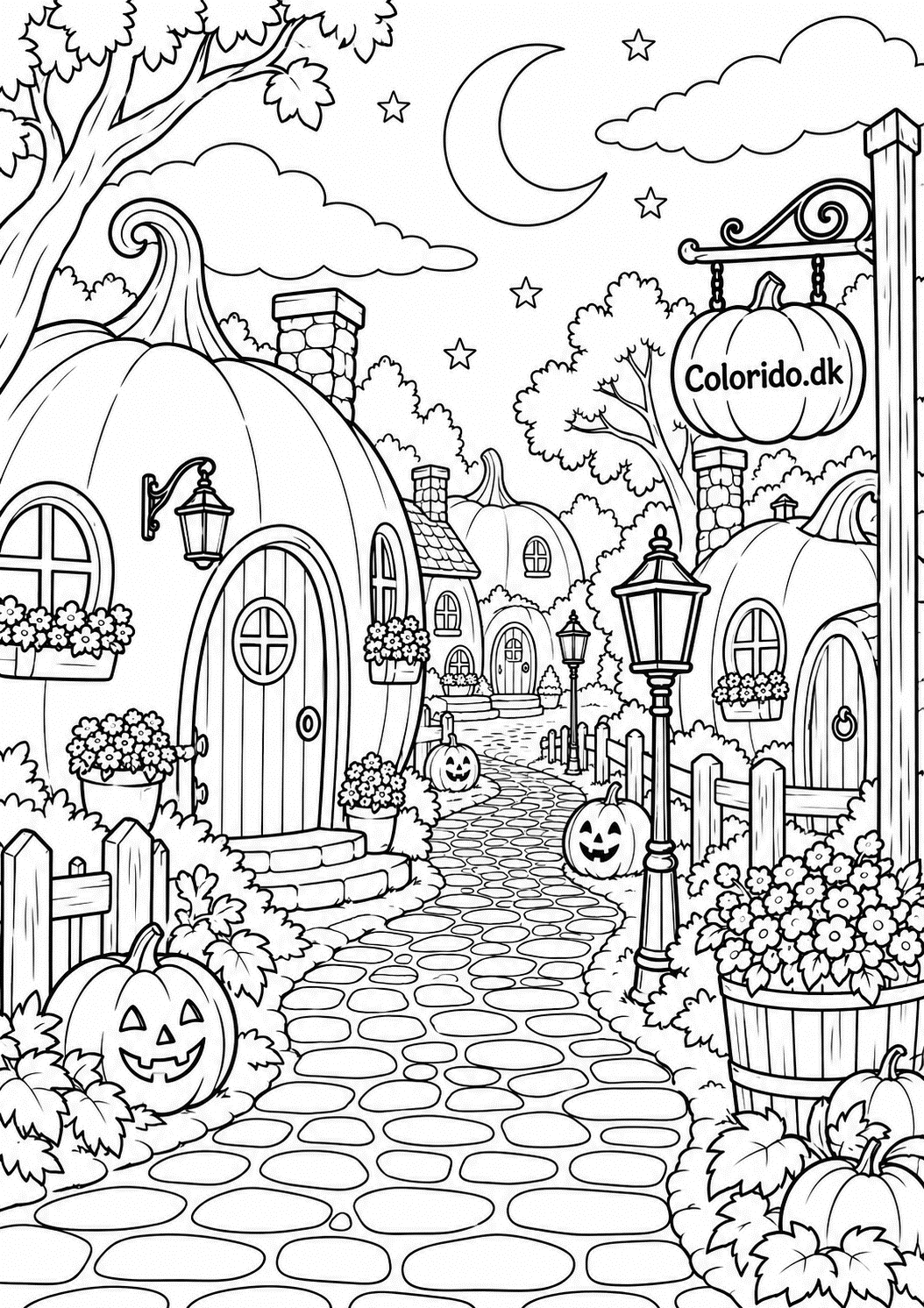 Halloween-græskarlandsby – detaljeret tegning til print