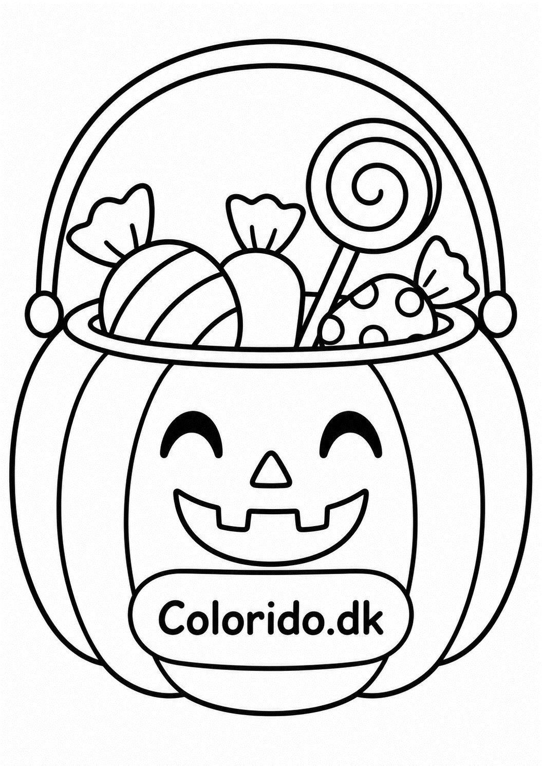 Halloween slikspand med slik – gratis tegning til farvelægning