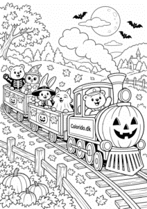 Halloween-tog med udklædte dyr – tegning til farvelægning