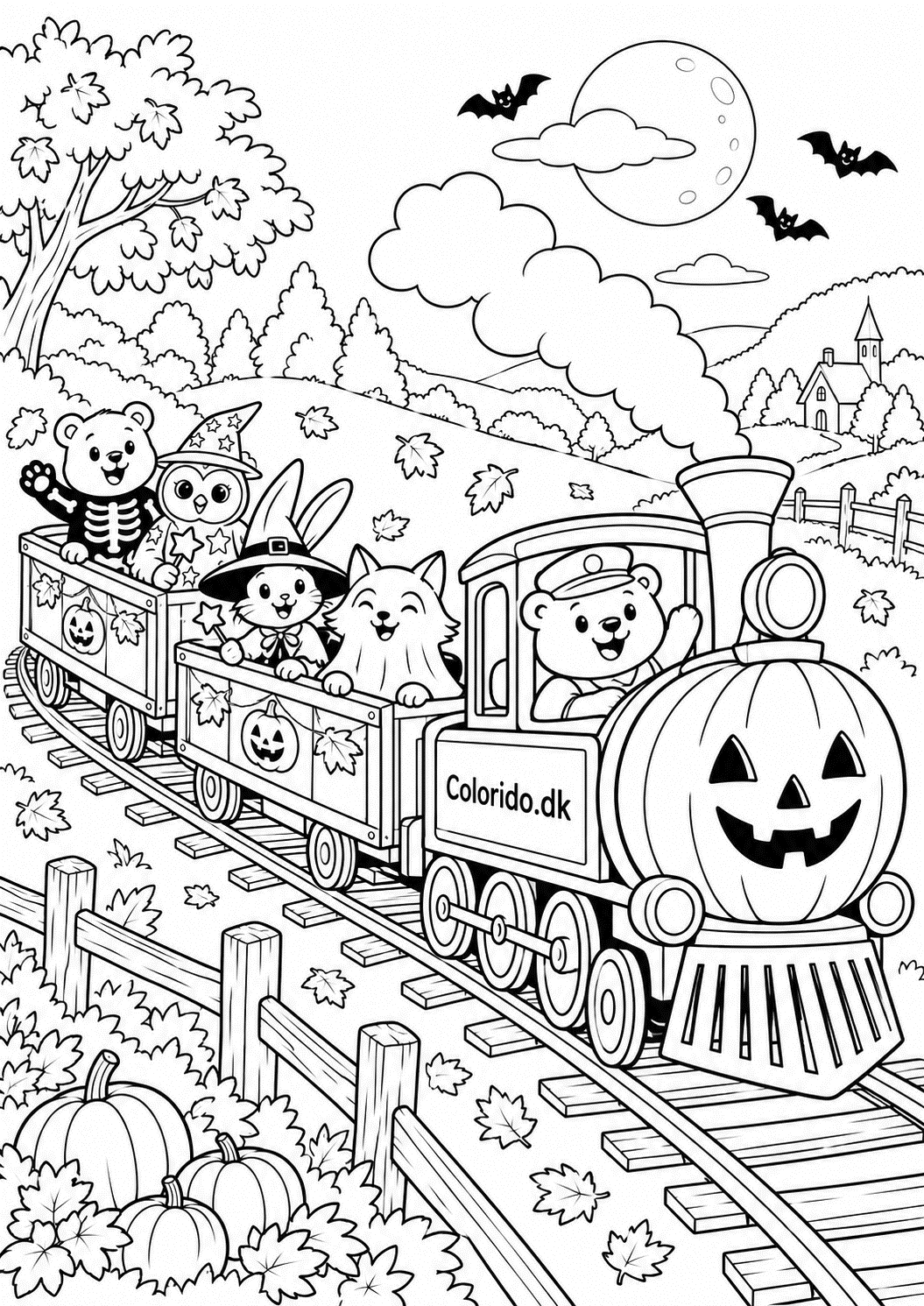 Halloween-tog med udklædte dyr – tegning til farvelægning