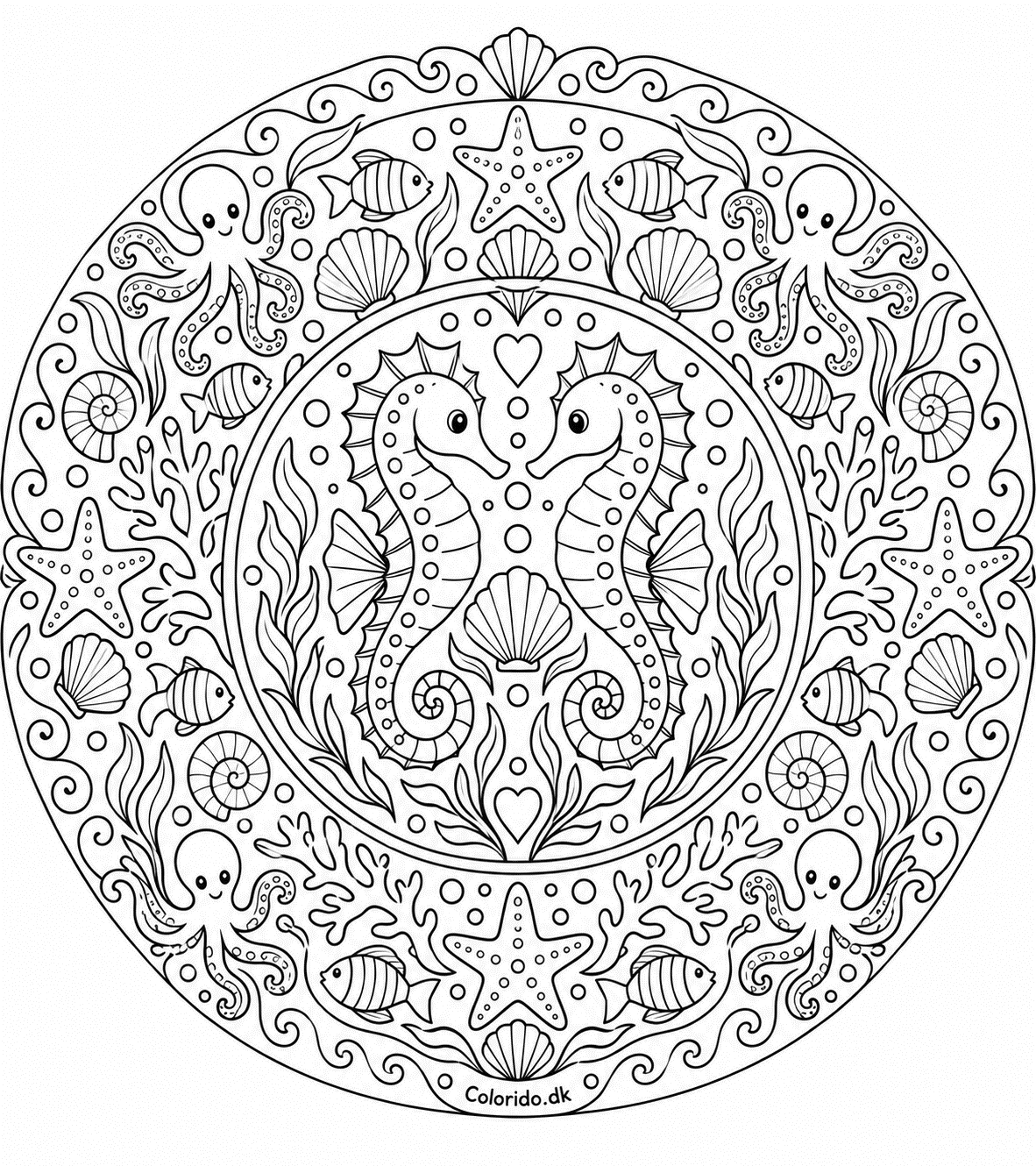 Havbund-mandala med søheste, koraller og fisk