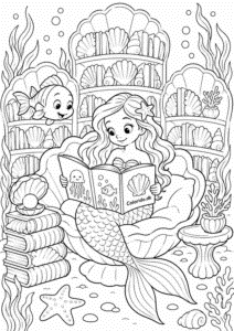 Havfrue i muslingebibliotek til farvelægning