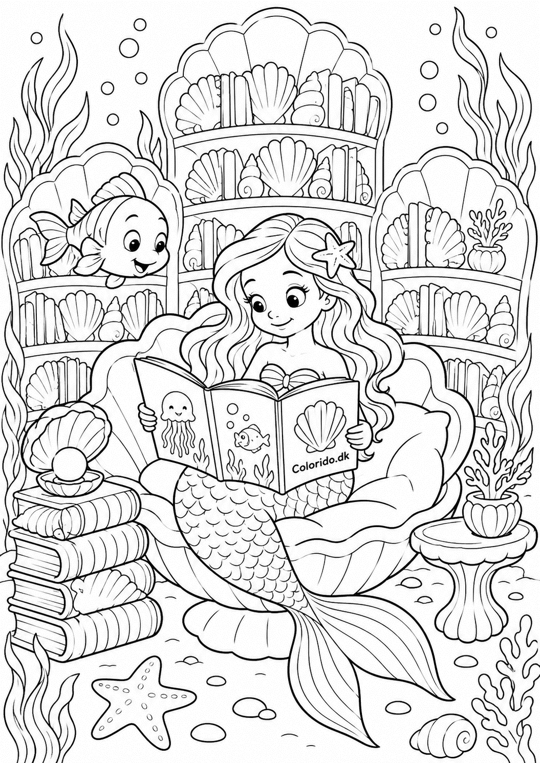 Havfrue i muslingebibliotek til farvelægning