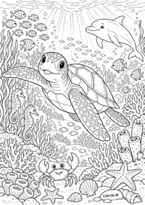 Havskildpadde i koralrevet – detaljeret tegning