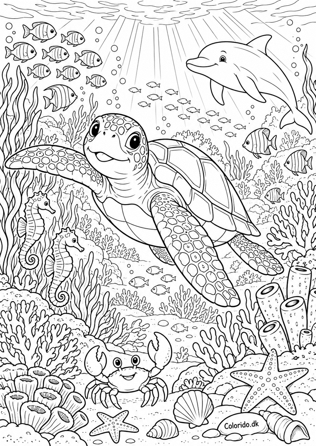 Havskildpadde i koralrevet – detaljeret tegning