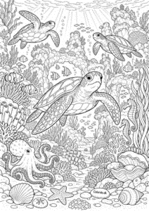 Havskildpadder i koralrevet – detaljeret tegning til print