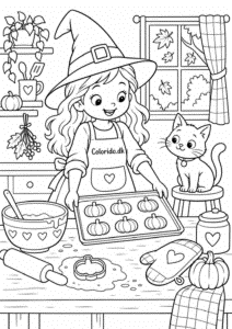 Heks bager græskarkager – Halloween tegning til print