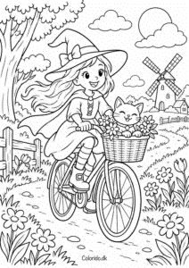 Heks cykler med sin kat – gratis tegning