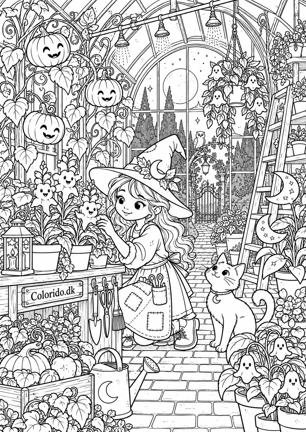 Heks i et magisk drivhus – detaljeret Halloween farvelægning