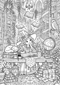 Heksens magiske bibliotek – detaljeret tegning