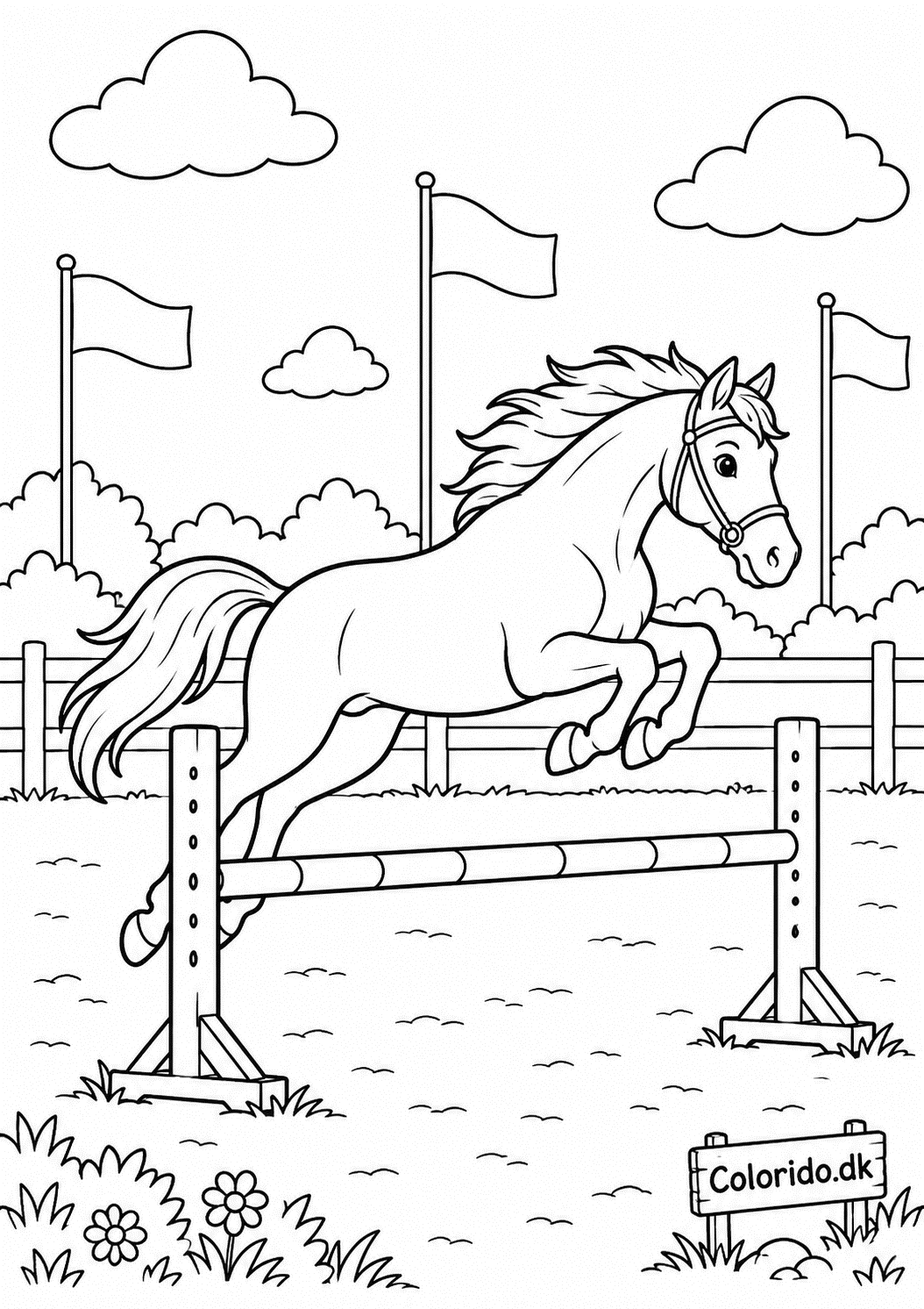 Hest hopper over en bom – tegning til print