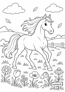 Hest i blomstereng – tegning til farvelægning