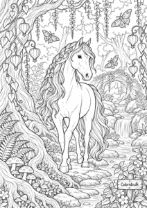 Hest i fortryllet skov – gratis detaljeret tegning