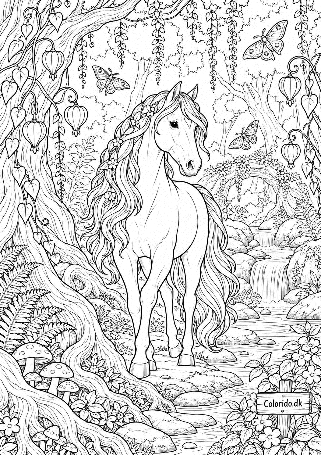 Hest i fortryllet skov – gratis detaljeret tegning