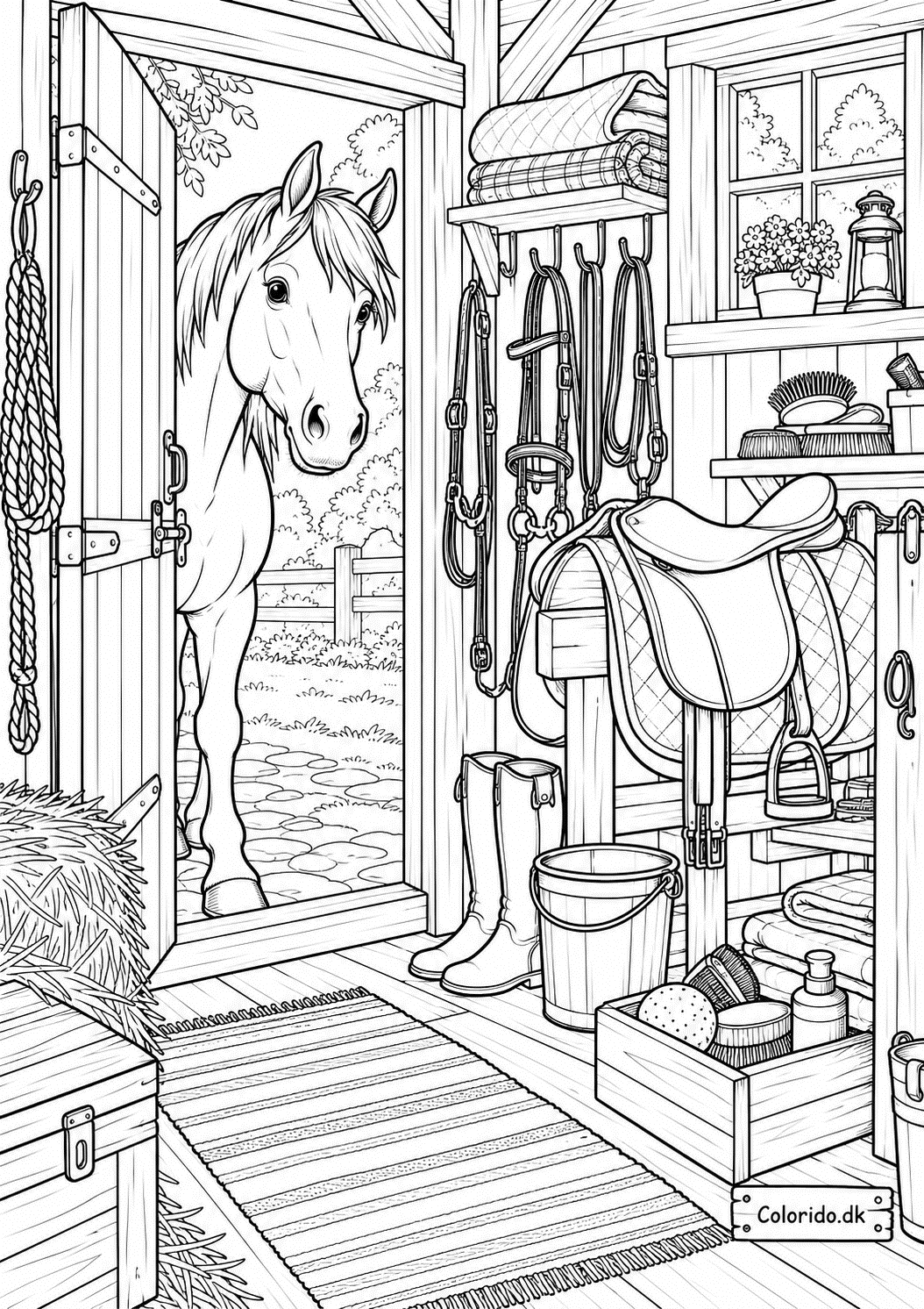 Hest i sadelrummet – detaljeret gratis tegning