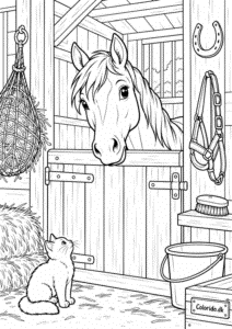 Hest i staldboksen – detaljeret tegning til print