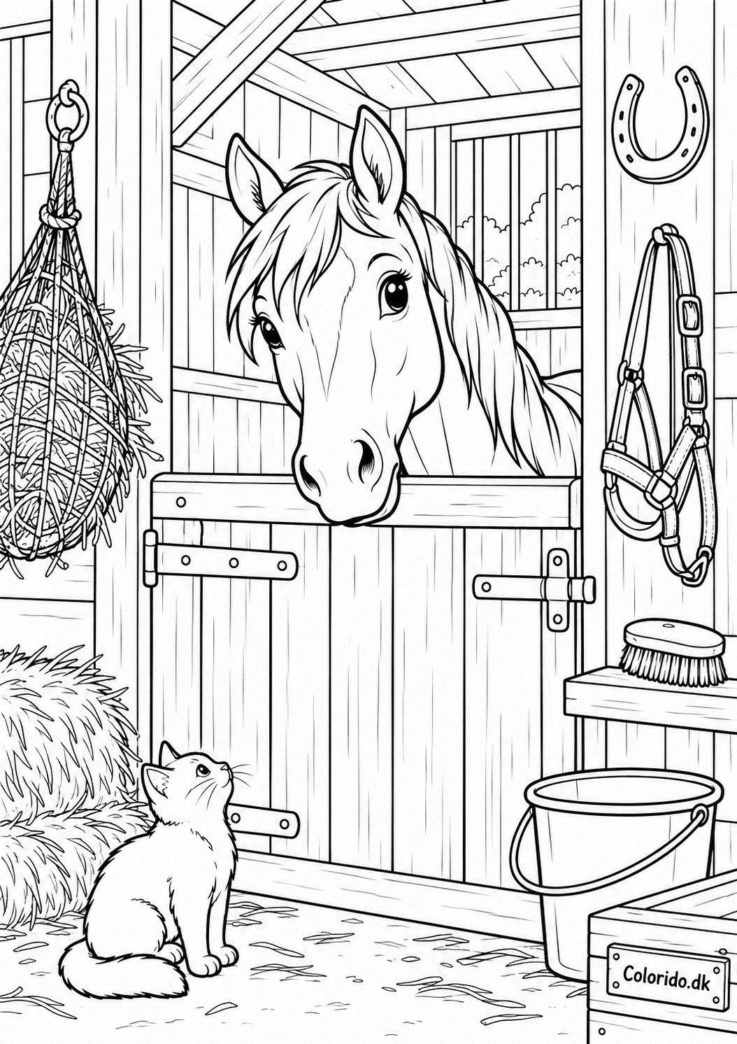 Hest i staldboksen – detaljeret tegning til print