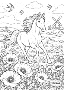 Hest i valmuemark – sommertegning til print