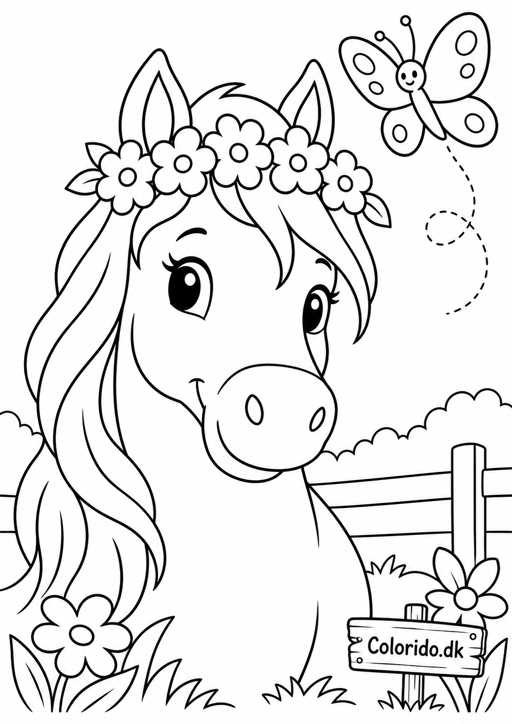 Hest med blomsterkrans – sød tegning til print