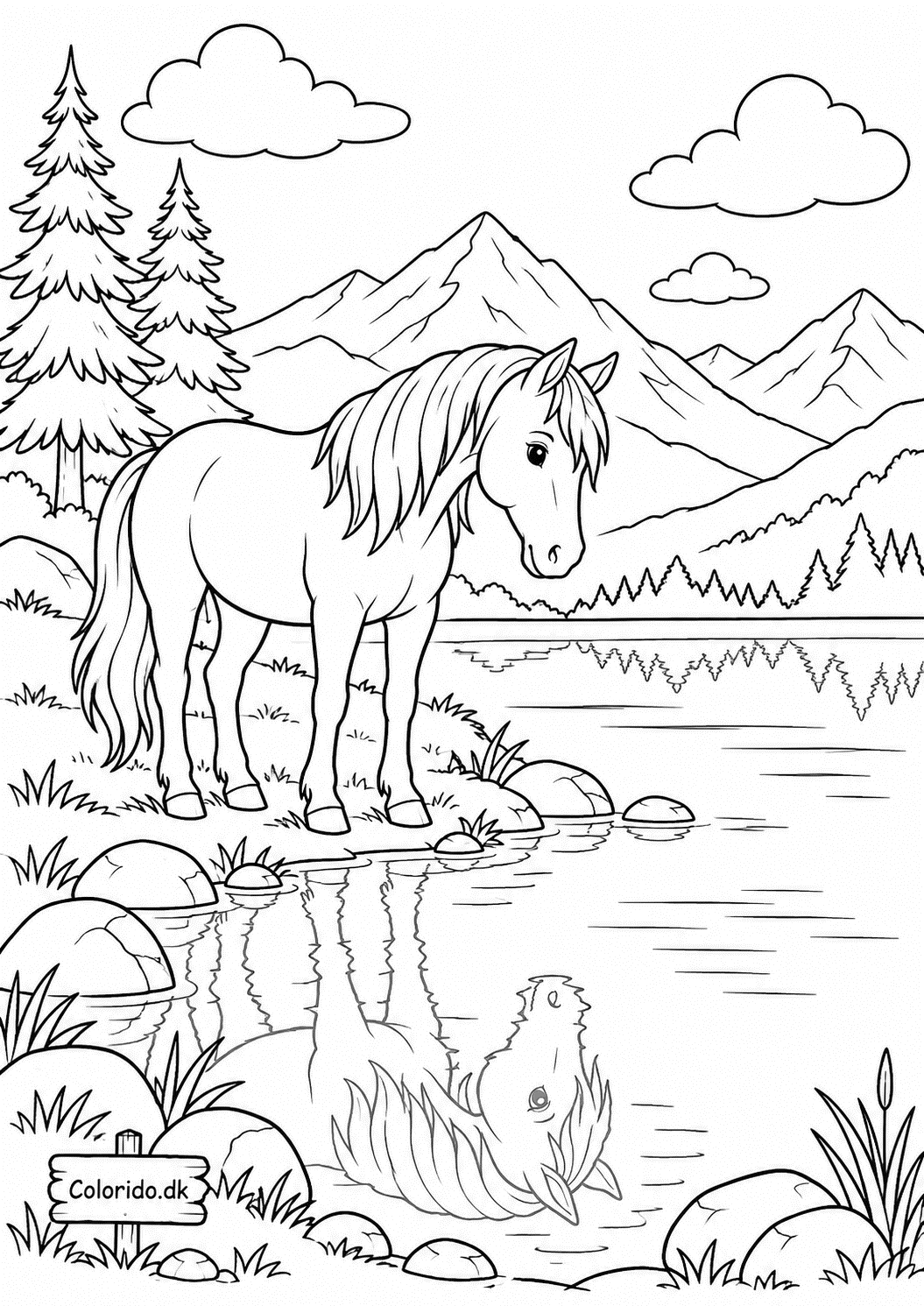 Hest ved en bjergsø – tegning til print