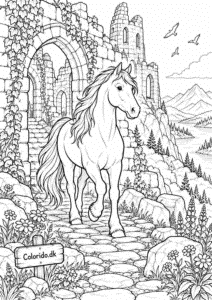 Hest ved gammel borgruin – eventyrlig tegning til print