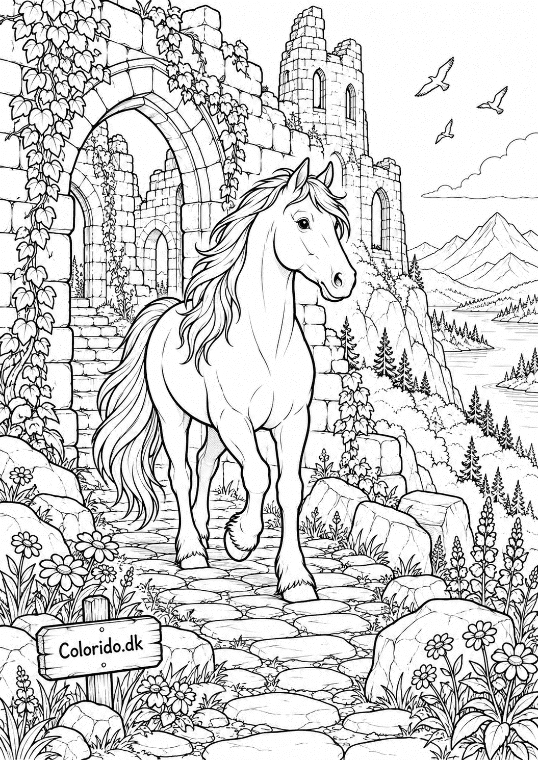 Hest ved gammel borgruin – eventyrlig tegning til print