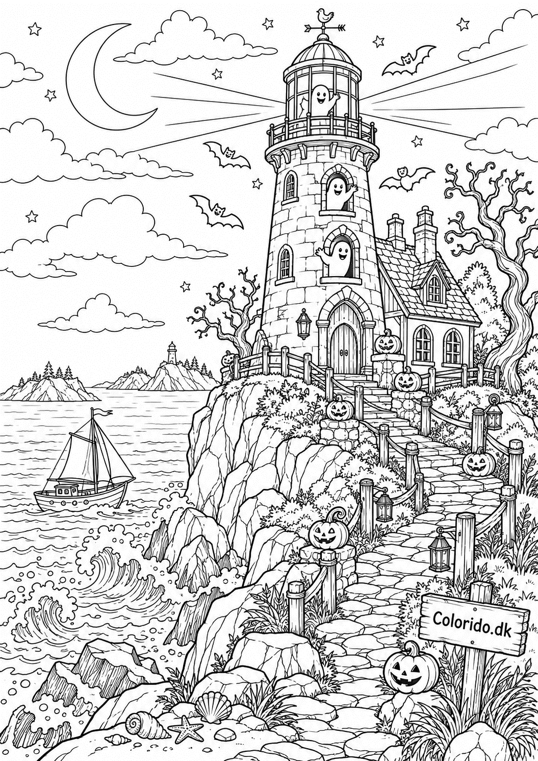 Hjemsøgt fyrtårn ved havet – svær Halloween tegning