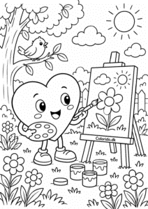 Kreativt hjerte maler i blomsterhaven
