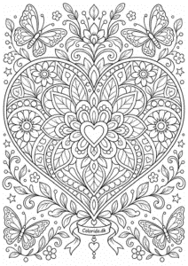 Detaljeret hjerte-mandala med blomster og sommerfugle