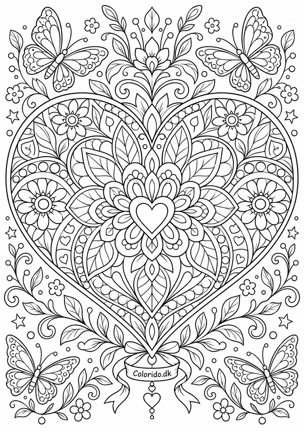 Detaljeret hjerte-mandala med blomster og sommerfugle