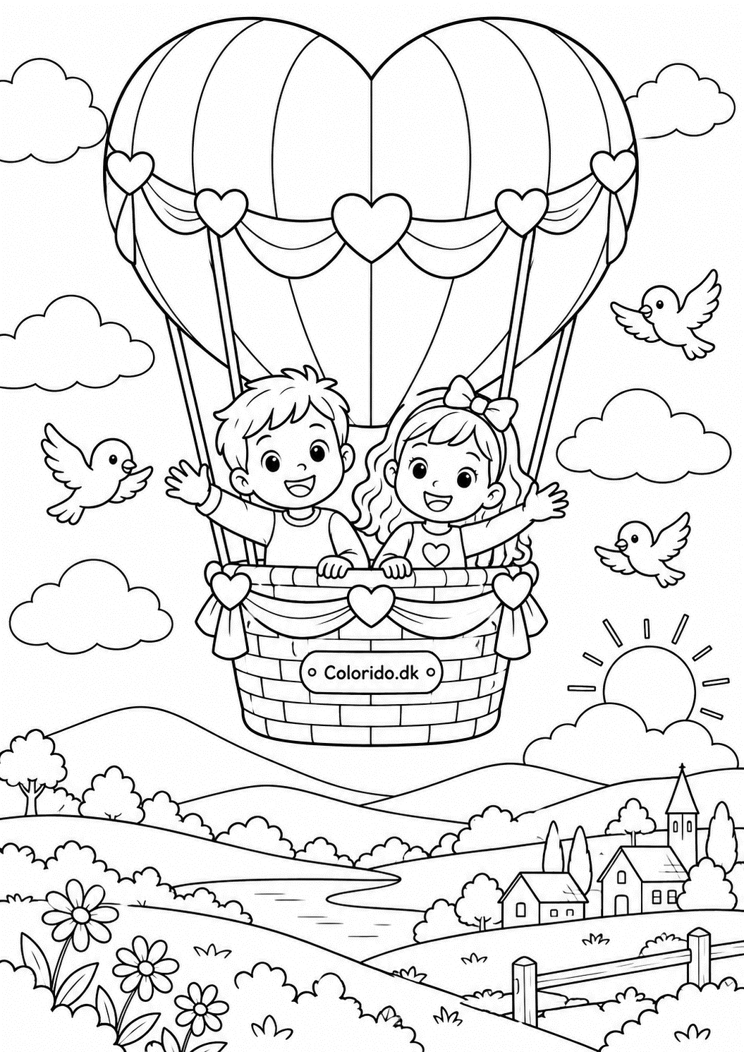 Hjerteformet luftballon over landsbyen