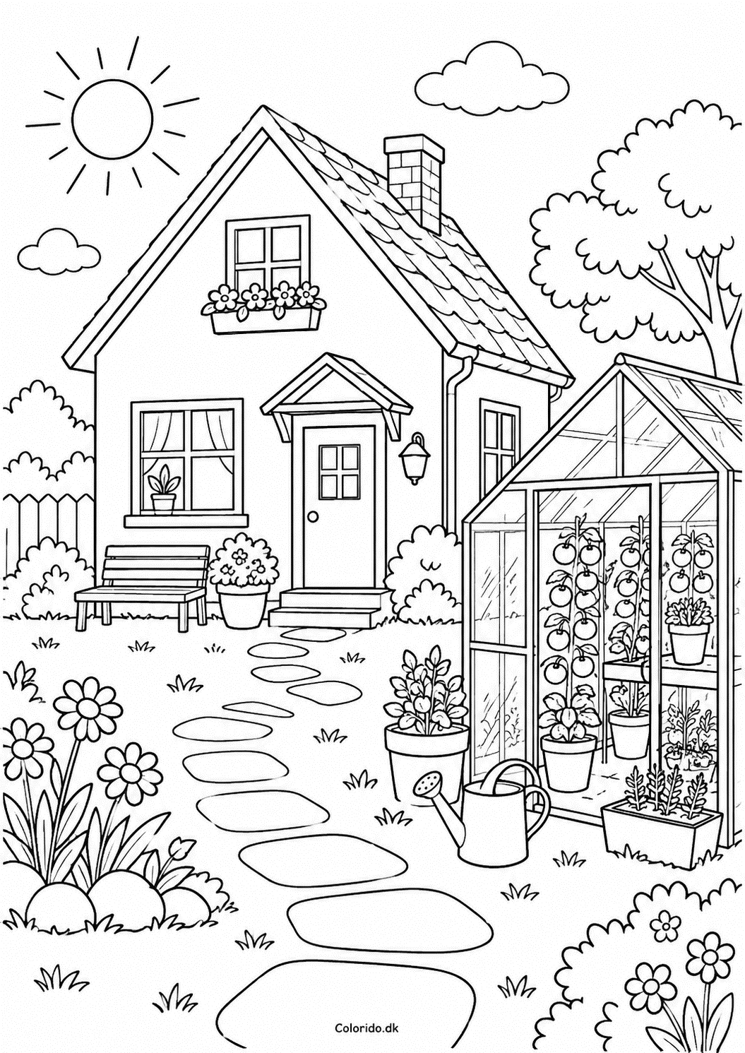 Hus med drivhus – tegning til print