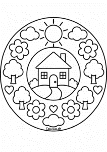 Hus og have-mandala – nem tegning for børn