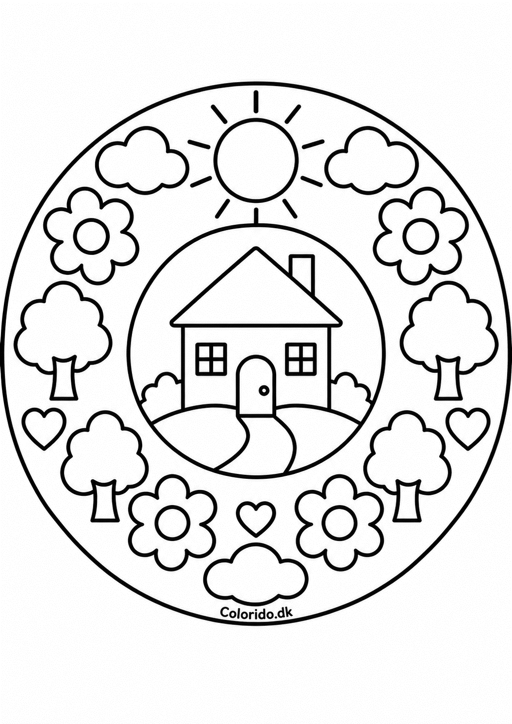 Hus og have-mandala – nem tegning for børn