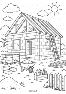 Hus under byggeri – malebogstegning til print