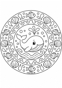 Hvalmandala med fisk og muslingeskaller til print