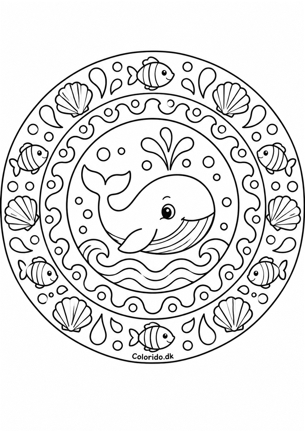 Hvalmandala med fisk og muslingeskaller til print