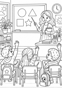 Hyggeligt klasseværelse med lærer og børn – gratis skoletegning til print