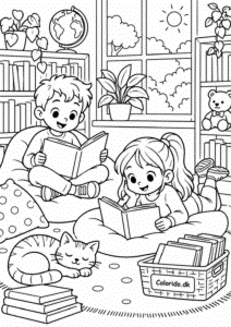Hyggeligt skolebibliotek med læsende børn – gratis skoletegning til print