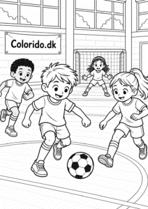Indendørs fodboldkamp med børn – malebogstegning