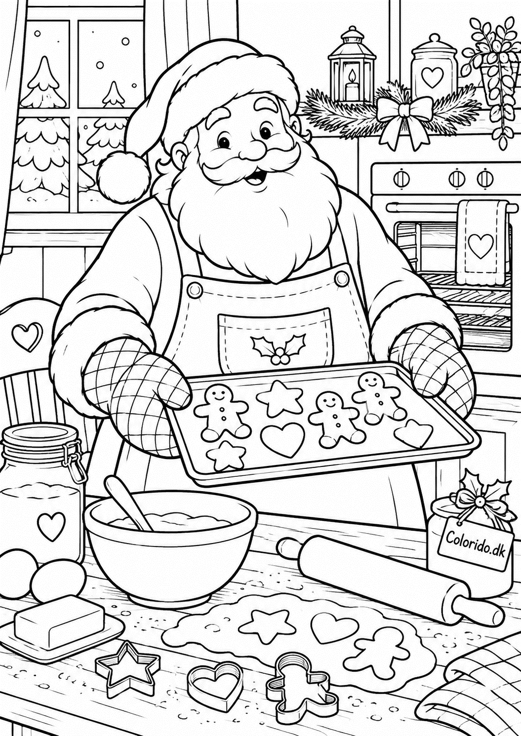 Julemand bager småkager – julemandstegning for børn
